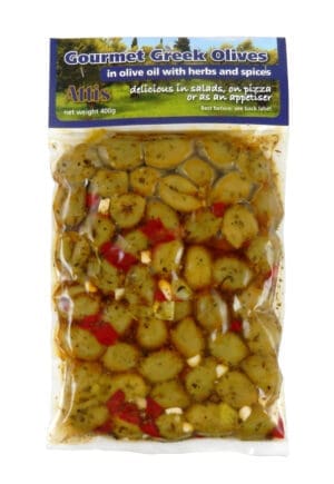 Attis Aegean Pitted Green Olives with Garlic 8x400g